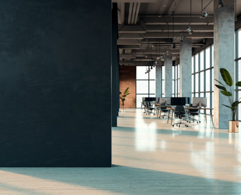 Modern office interior with furniture, panoramic windows with city view, empty mock up place on black wall